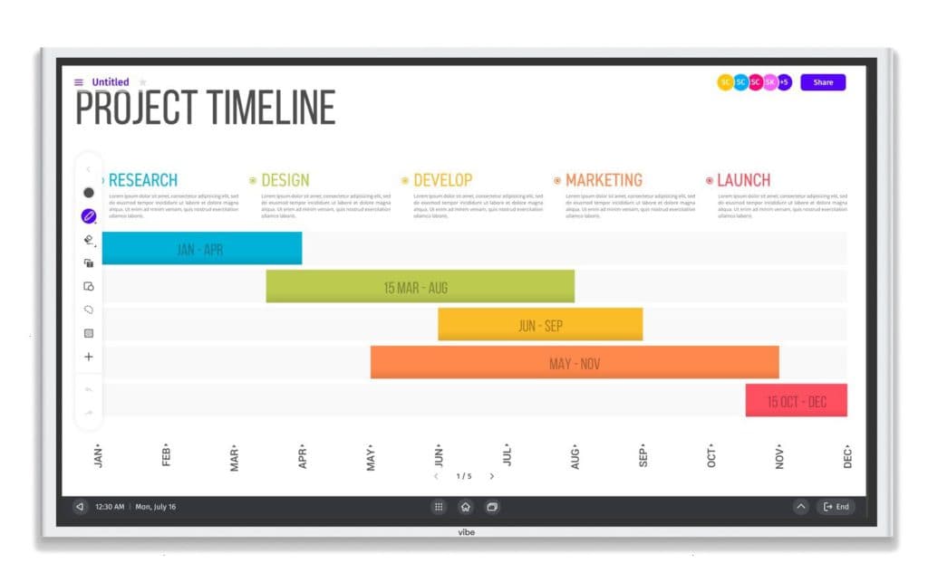 Visual project timeline showing key phases and milestones across a defined schedule.