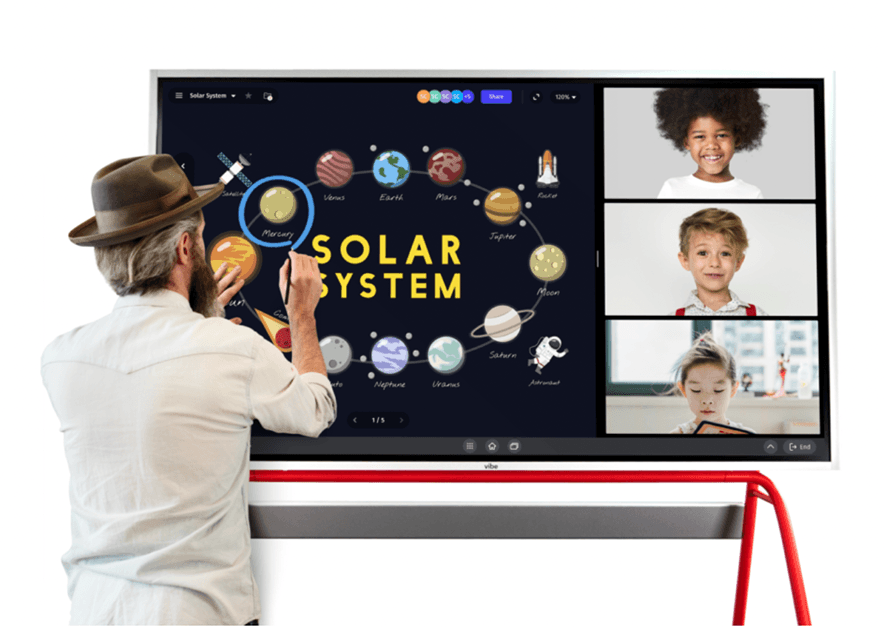 Teacher annotating on a Vibe Board during an online class session.