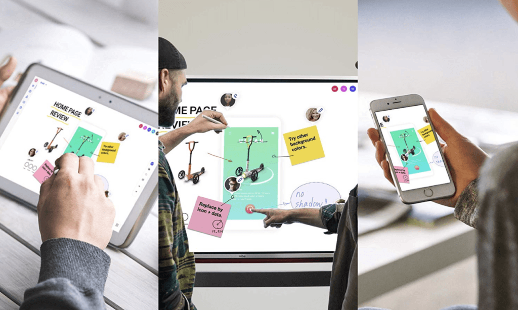 Vibe Board S1 interactive whiteboard displaying collaborative workspace with multiple users connecting from different devices including tablets, laptops, and smartphones, showcasing universal access regardless of operating system.