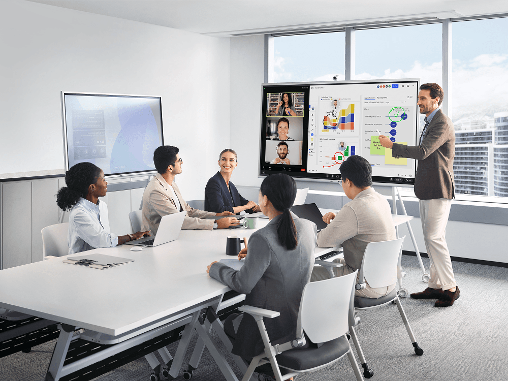 Team collaborating around an interactive whiteboard during a meeting, using digital tools to enhance engagement and presentation effectiveness.