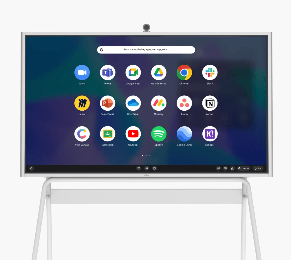 Vibe Board S1 interface displaying compatible apps including Zoom, Microsoft Teams, and industry-specific software.