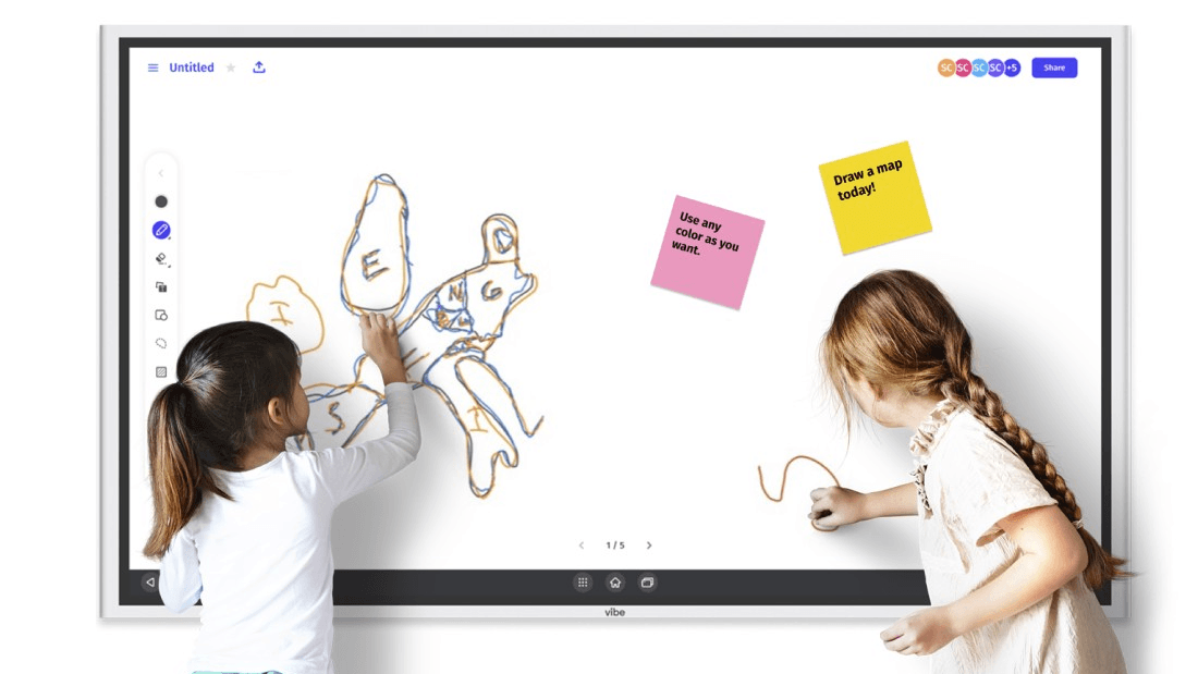 Young students drawing on a Vibe Board during a classroom activity.
