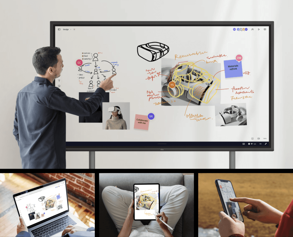 Remote team members collaborating via Vibe smart whiteboards, laptops, and mobile devices across different locations, demonstrating seamless digital workspace connectivity that transcends geographic limitations.