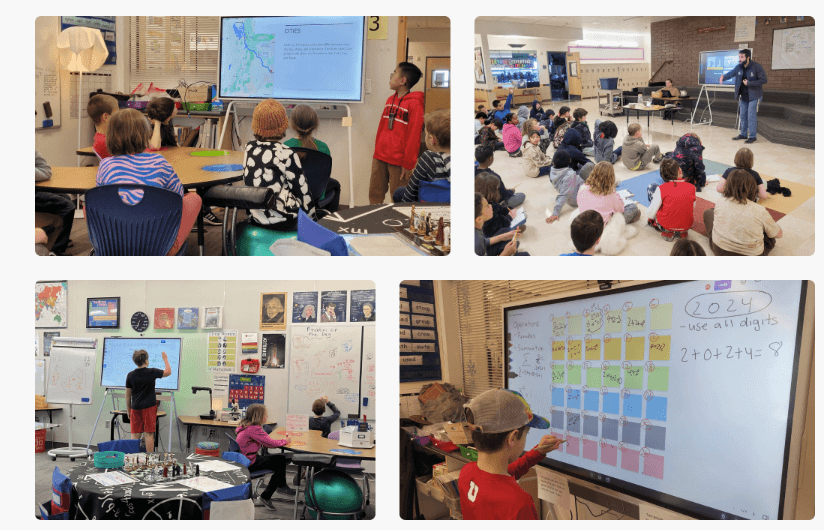 Four images showing Vibe interactive whiteboard integration in classrooms enhancing student engagement through collaborative learning activities and digital interaction.
