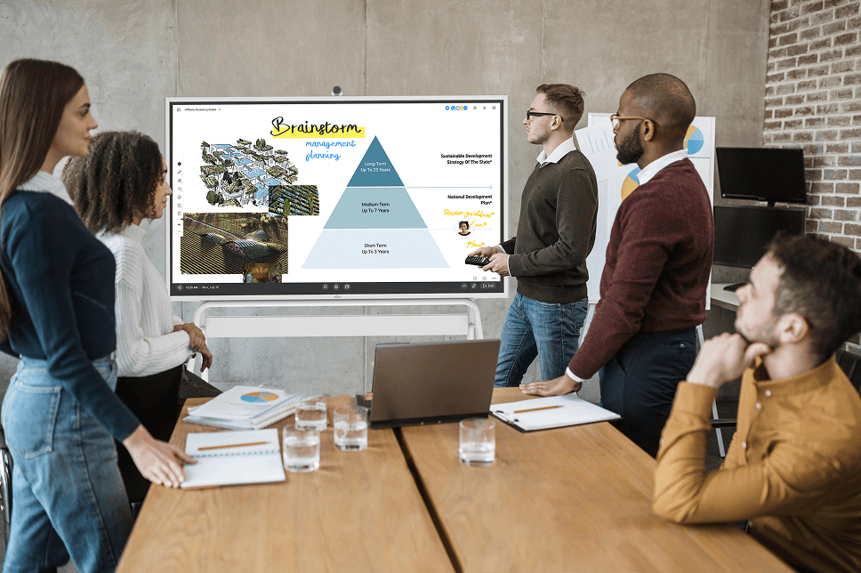 Team collaborating at Vibe Board S1, using touch interface to add digital sticky notes and drawings during a brainstorming session.