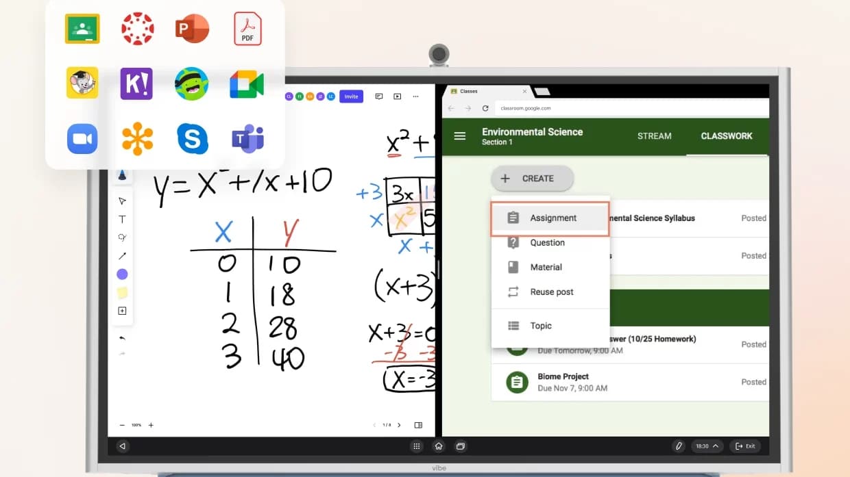 Vibe Board displaying educational content and apps as students collaborate from their own devices.