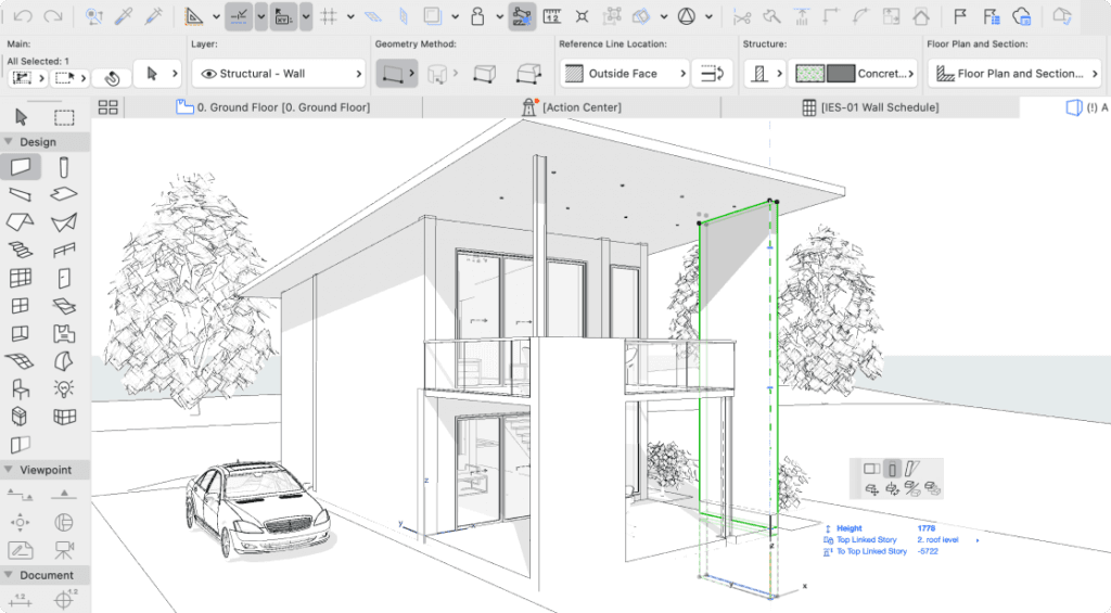 Screenshot of ArchiCAD architectural design software showing a 3D wireframe model.
