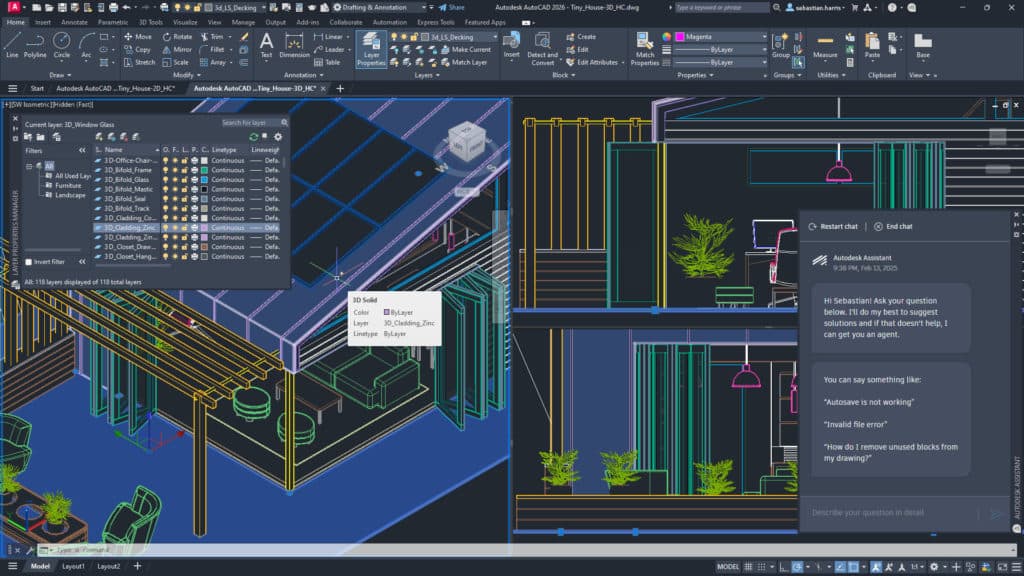 Screenshot of AutoCAD software displaying a colorful wireframe architectural model.