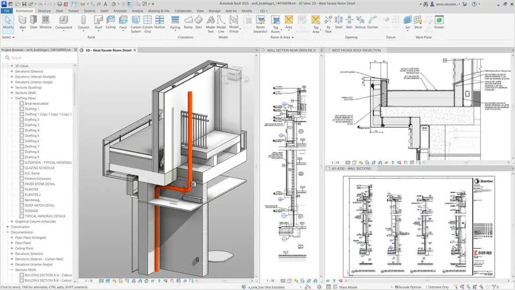 Screenshot of Autodesk Revit 2023 showing a west facade room detail project.