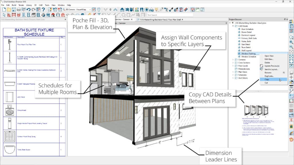 Screenshot of Chief Architect Premier X16 showing an architectural design interface with multiple annotated features.
