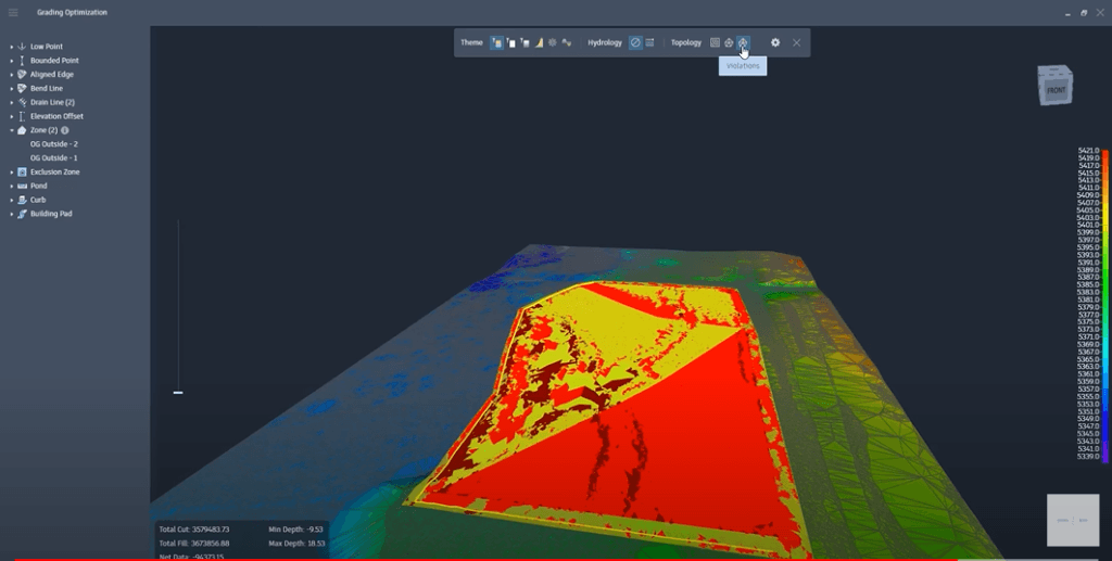 Screenshot of Civil 3D interface showing a grading optimization model with color-coded terrain analysis.