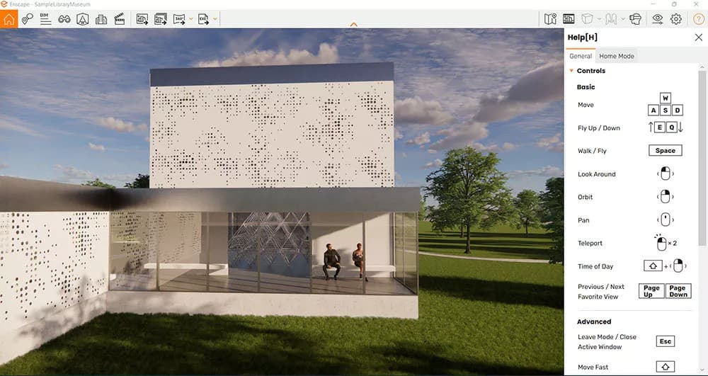 Screenshot of Enscape showing a modern building with perforated facade panels.