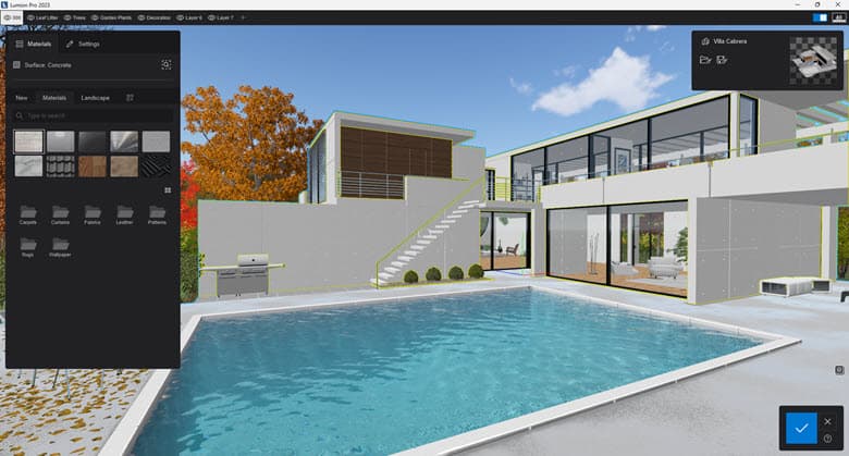 Screenshot of Lumion architectural visualization software showing a 3D rendering of a modern white house.