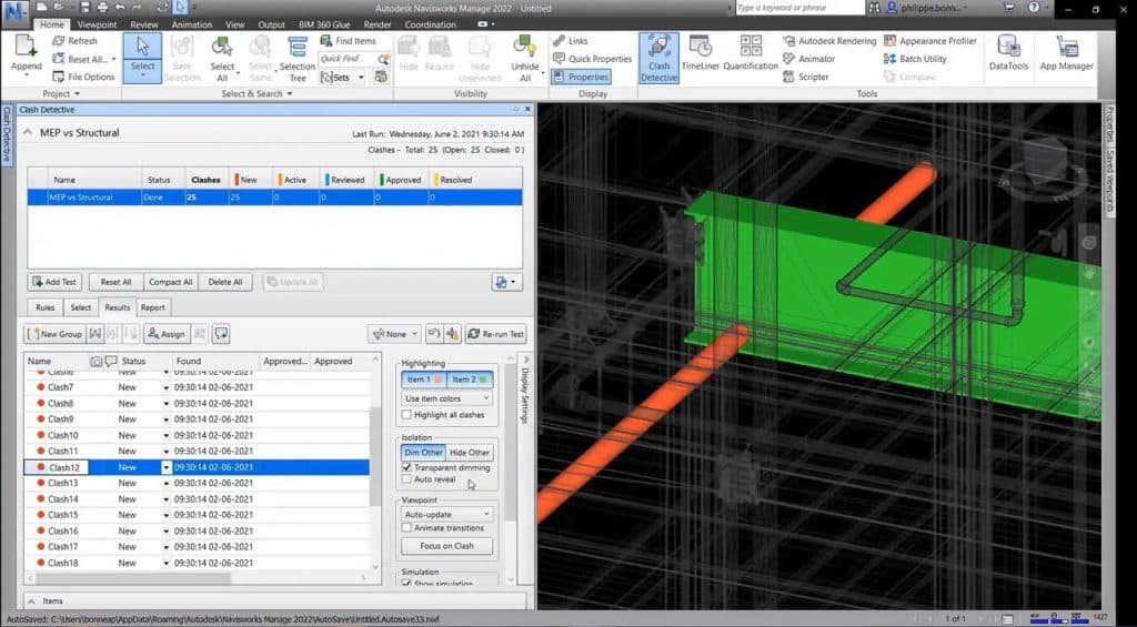 Screenshot of Autodesk Navisworks Manage 2022 showing a 3D model with a detailed clash report.