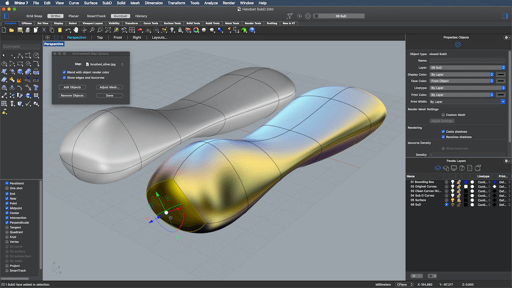 Screenshot of Rhino 3D modeling software interface showing a model being edited in the main viewport.