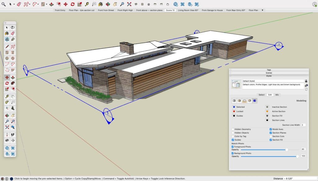 Screenshot of SketchUp Pro displaying a 3D model of a modern flat-roofed house.
