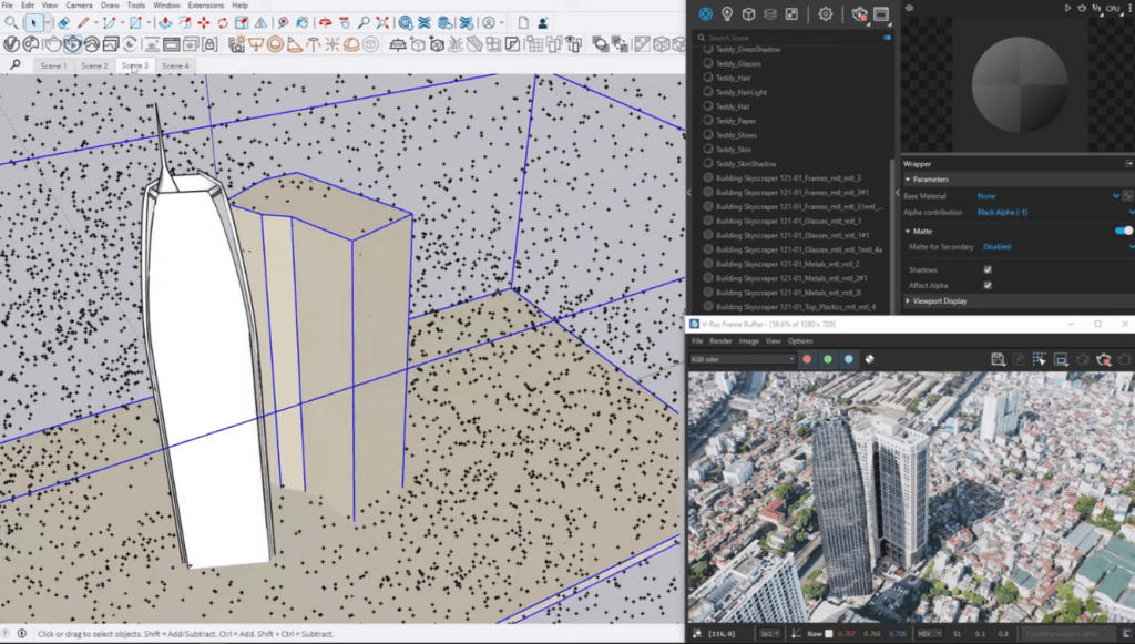 Screenshot of V-Ray rendering software showing a 3D modeling workspace.