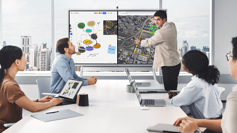 Wide-angle view of interactive whiteboard displaying multiple collaboration tools and content during team session.