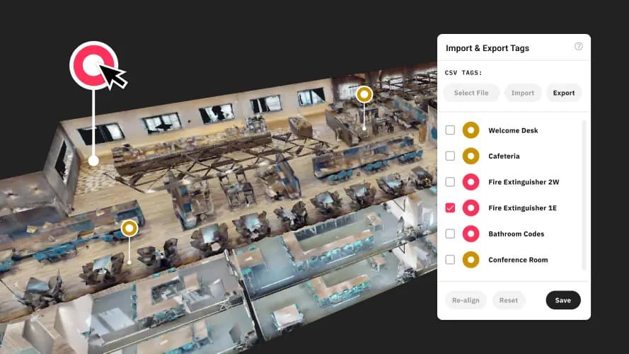 Screenshot of a Matterport 3D virtual tour interface showing an aerial cutaway view of an office space.