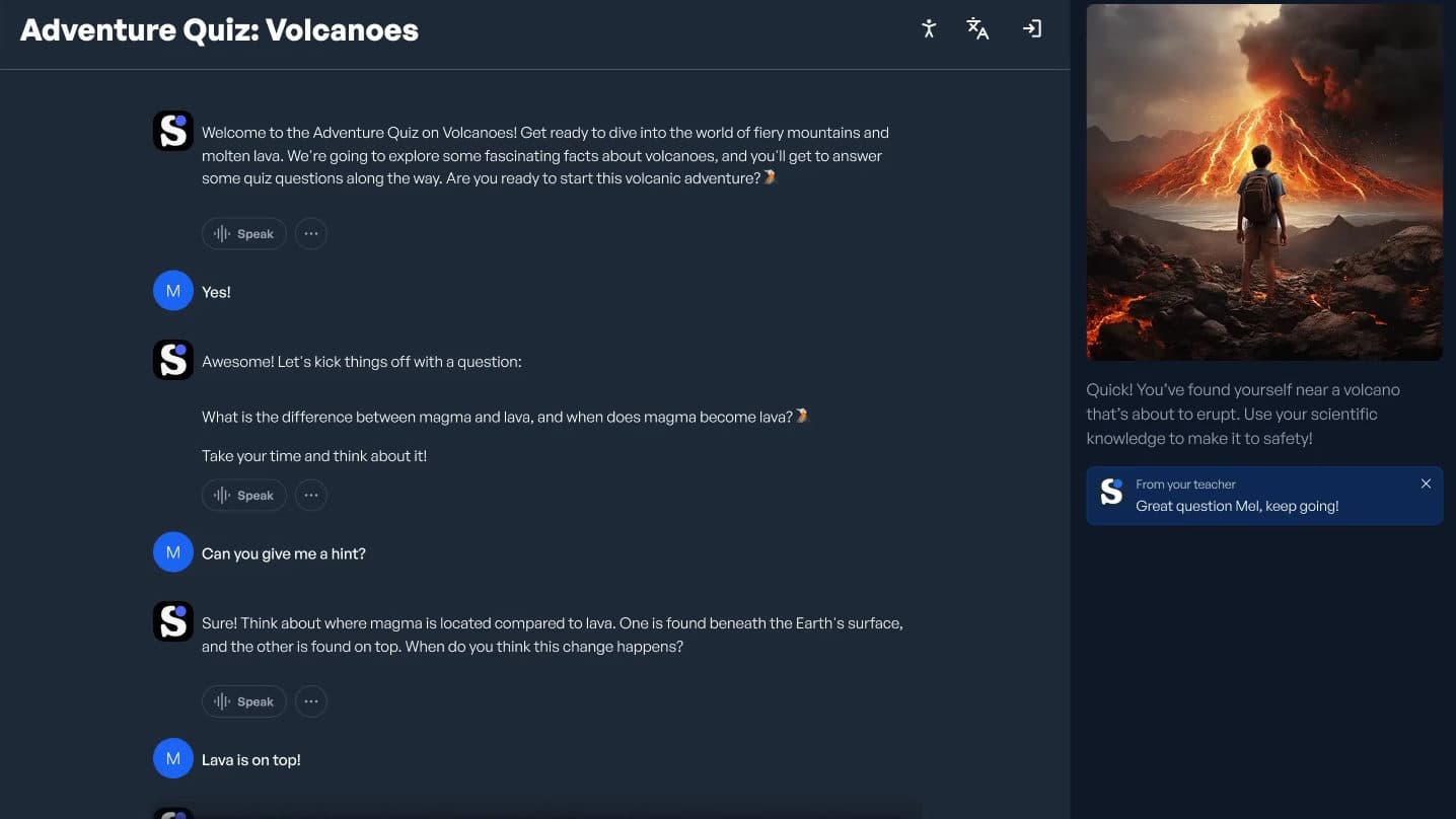 Screenshot of the SchoolAI platform interface showing educational tools.
