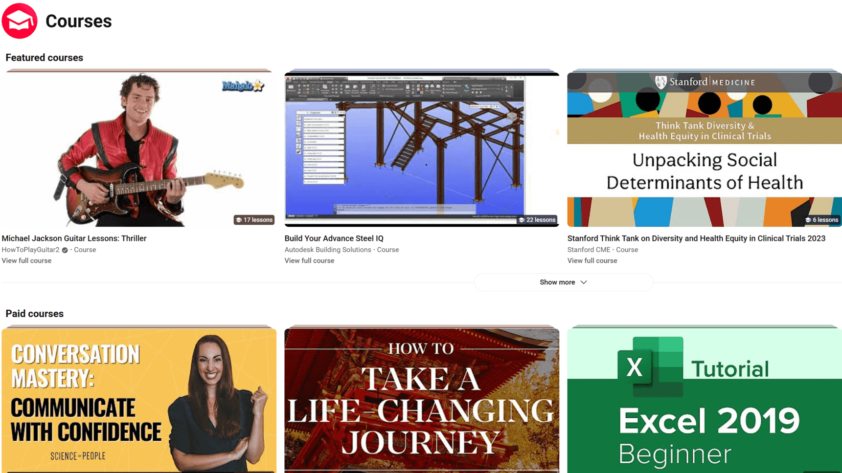 Screenshot of the YouTube course section interface showing video lessons.