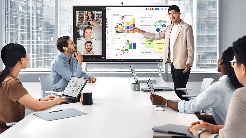 Team configuring virtual office environment using Vibe smart whiteboard.