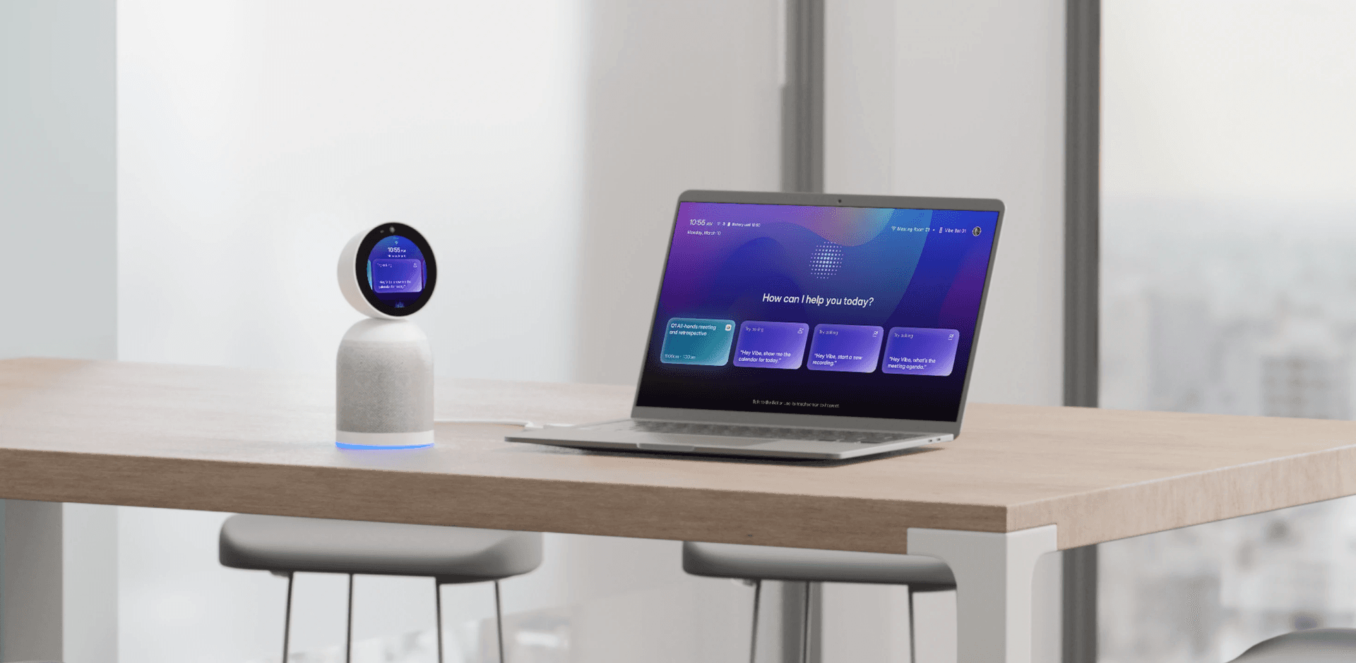 Vibe Bot in a modern workspace, showcasing its AI-powered meeting assistant capabilities with voice interaction and seamless integration across devices.