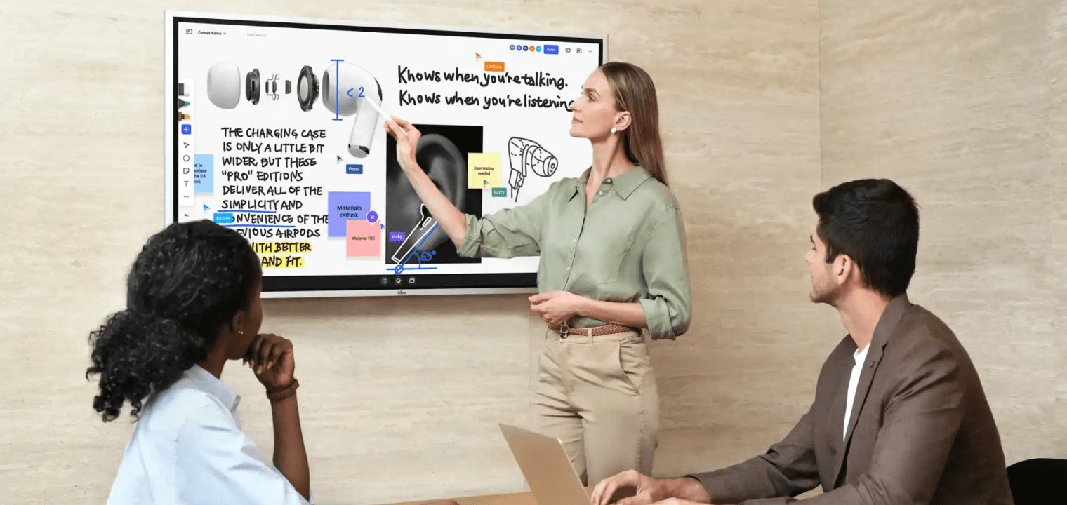 Team collaborating around Vibe Board during a meeting, using digital tools to enhance engagement and presentation.