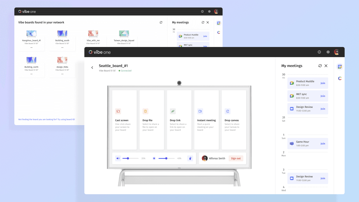 Using browser-based platforms to display content on the Vibe Board for flexible, app-free collaboration and presentations.