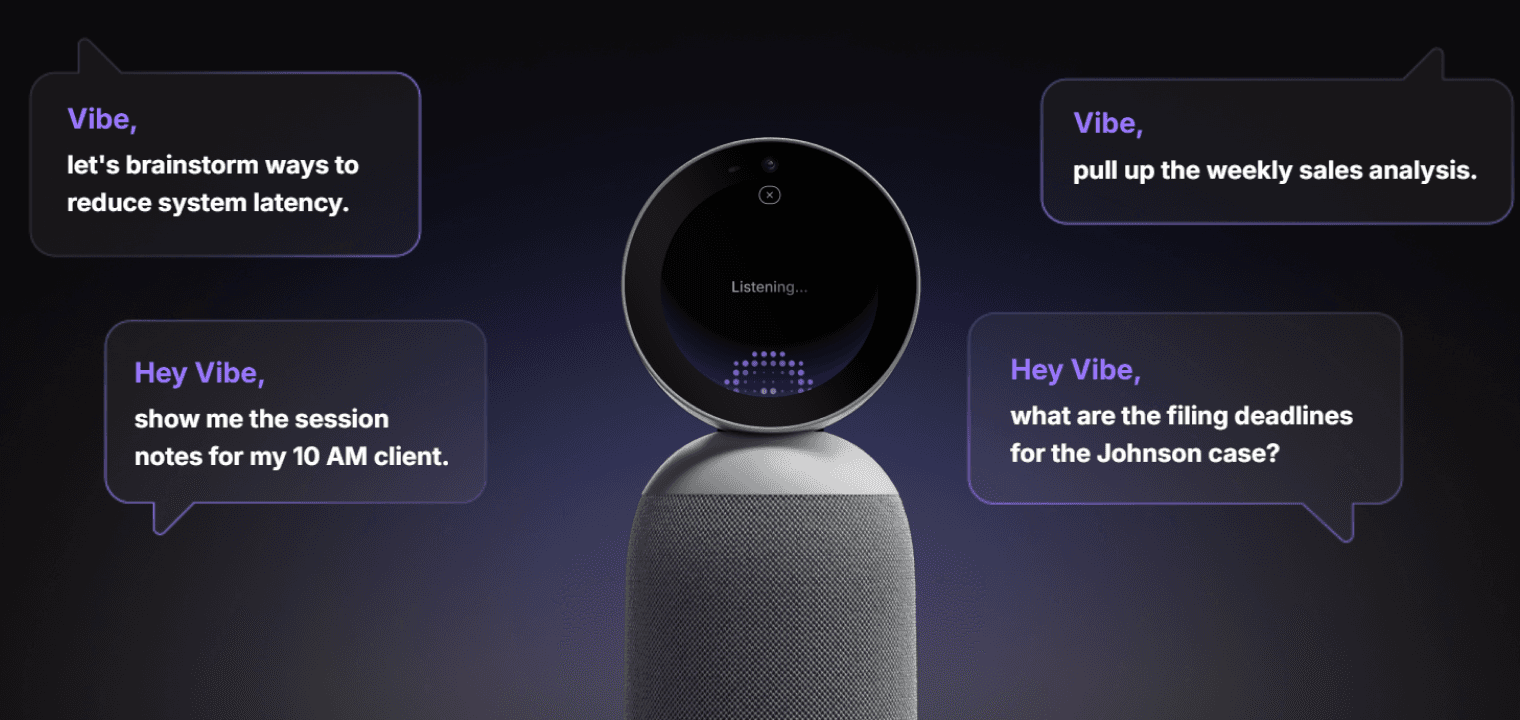 Vibe Bot, a 360° meeting device that captures the room and delivers live notes, summaries, and action items.