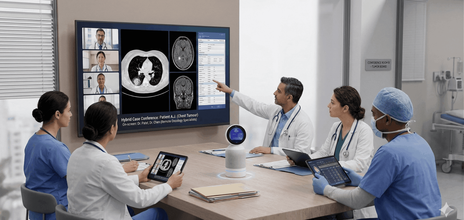 Vibe Bot in hybrid tumor board meetings with real-time video collaboration, AI-powered audio and visual support, and seamless integration for healthcare teams.