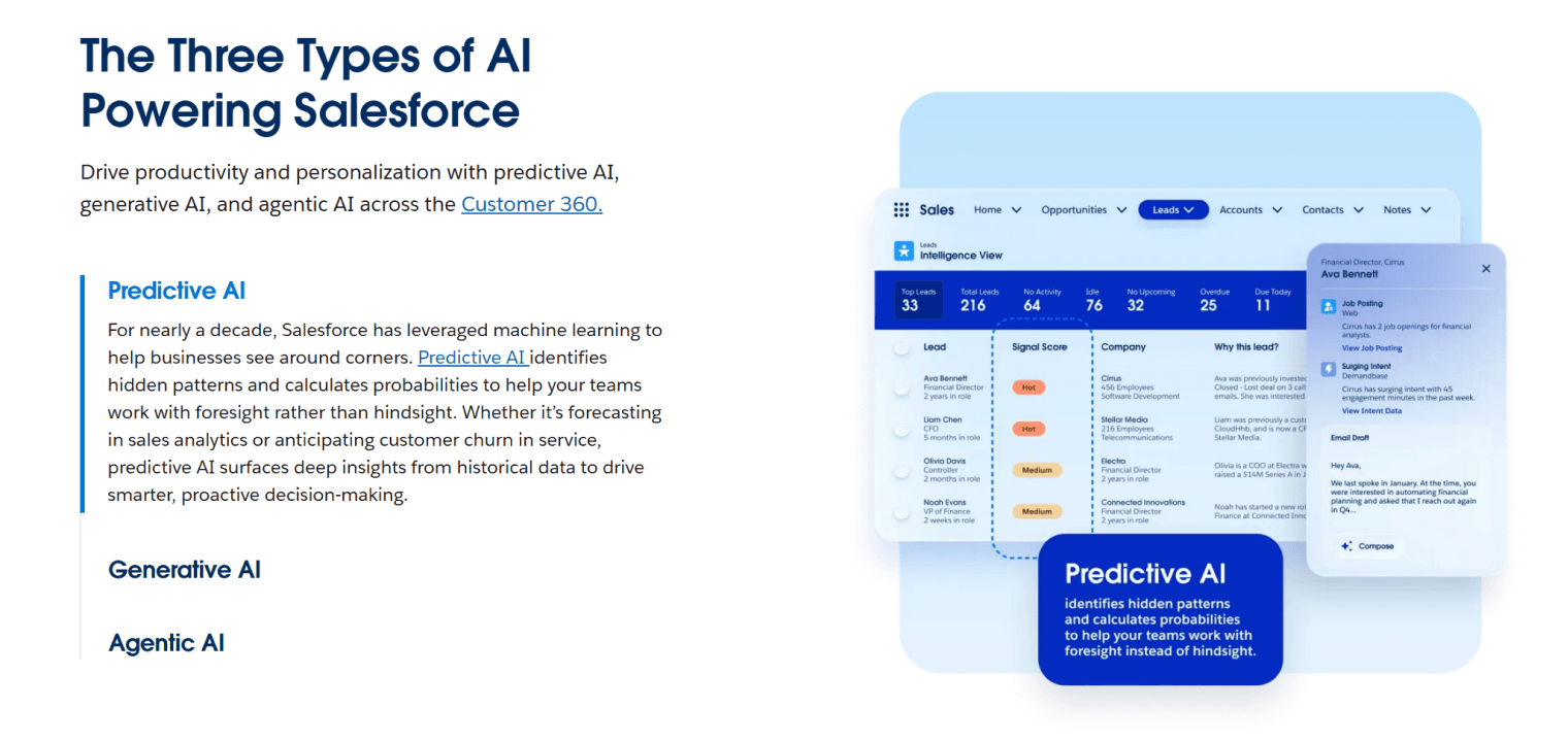 Screenshot of Salesforce Einstein highlighting Predictive AI for intelligent lead scoring and sales forecasting.