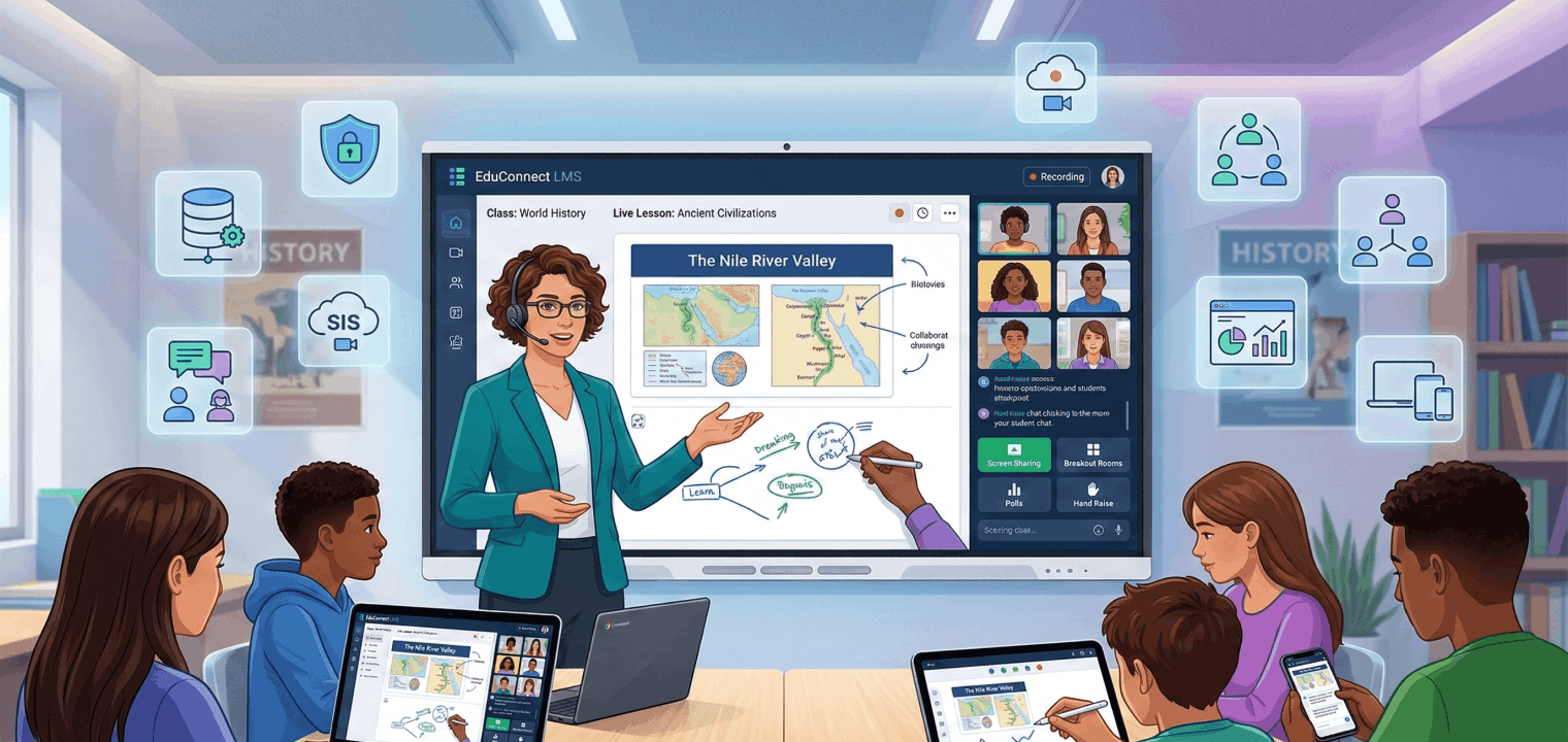Biology teacher annotating a science diagram on a classroom interactive display for step-by-step student instruction