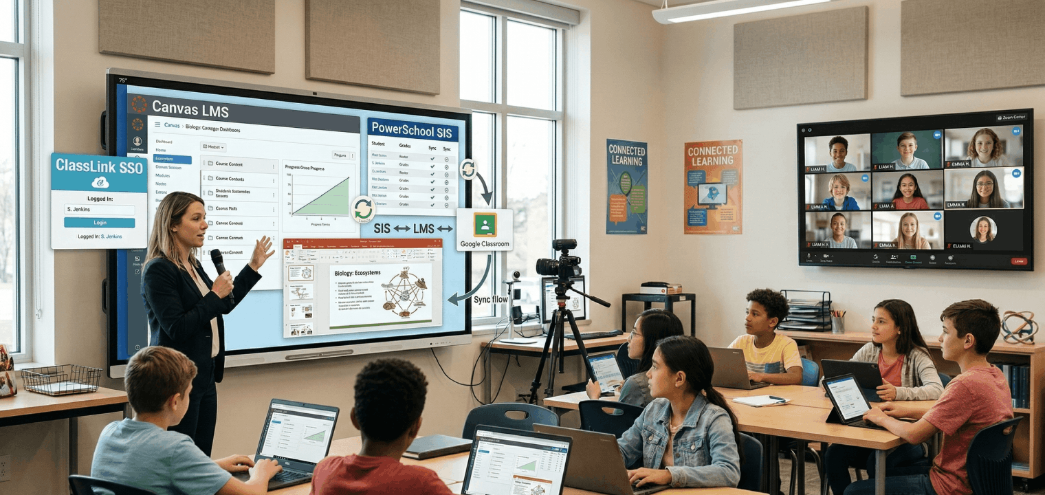 Teacher using a classroom interactive display for a hybrid lesson, with remote students joining via video conference in real time.